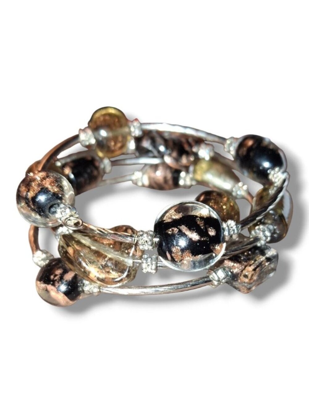 Silvertone blown glass wire wrapped beaded bracelet dichroic foil art glass
